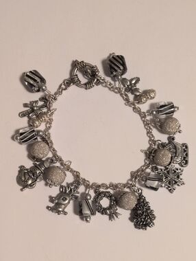 Silver Holiday Charm Bracelet with Black and Silver Accents
